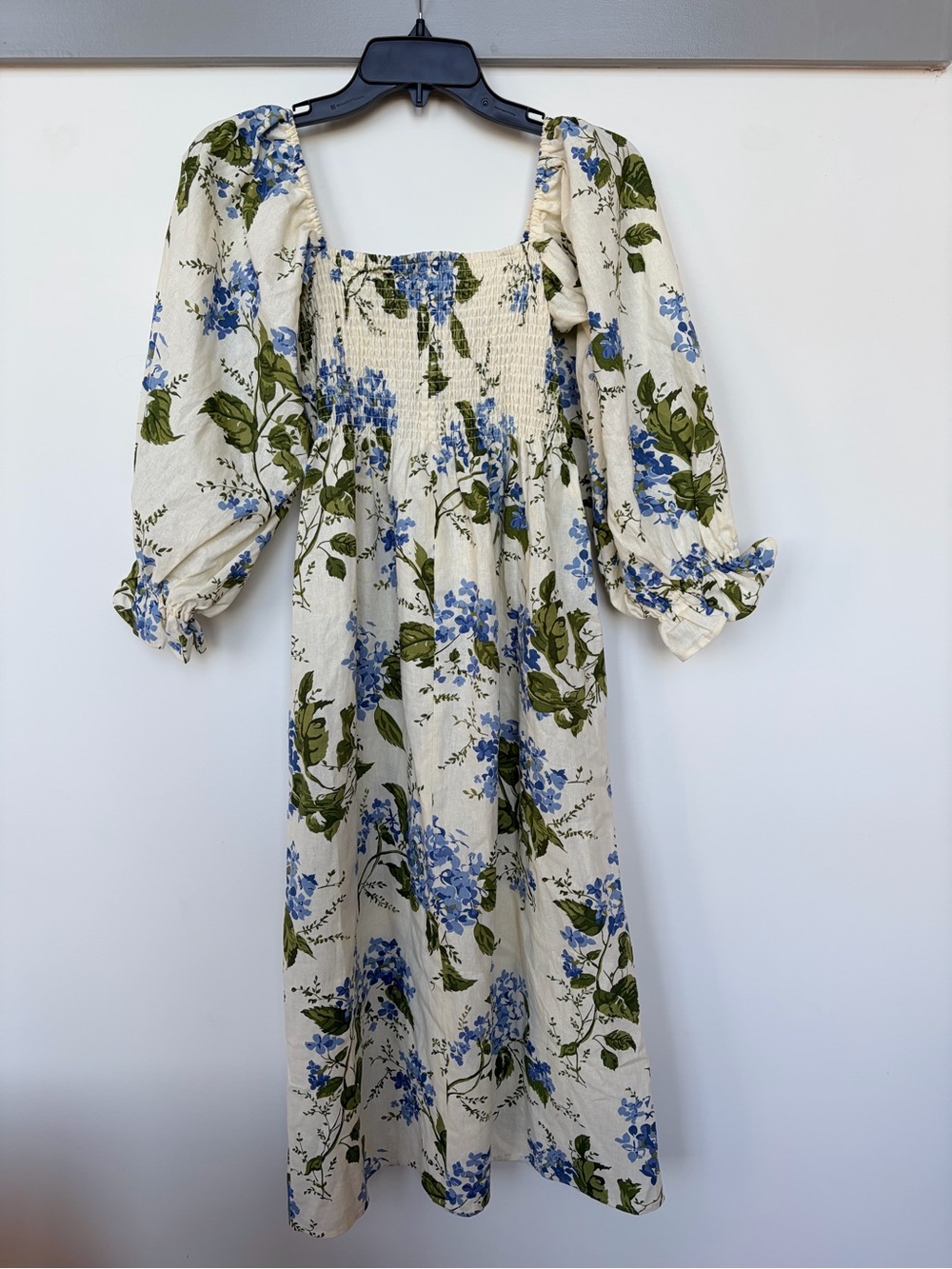OPT Hydrangea Floral Smocked Square-Neck Midi Dress in Cream and Blue Medium - Picture 3 of 5